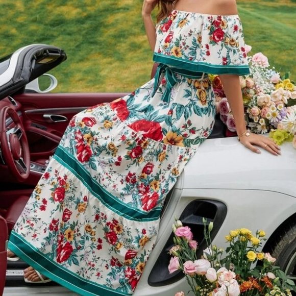 Floral Off Shoulder Ruffle Hem Belted Maxi Dress Multi color - Picture 3 of 6